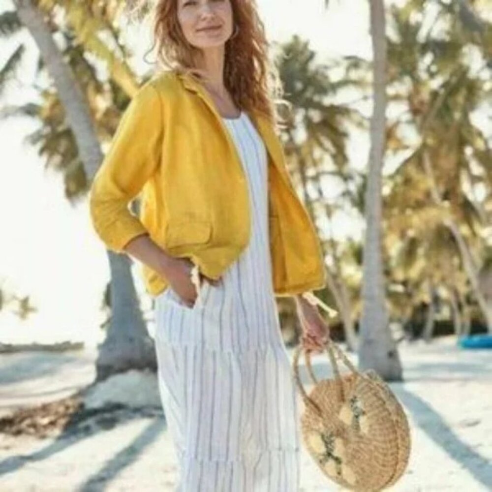 J. Jill Mustard Yellow Linen Blend Button Front Drawstring Waist Jacket Medium